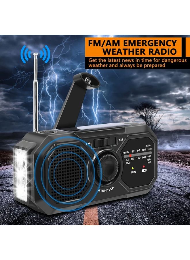 راديو الطوارئ الأسود اليدوي بالكرنك الشمسي AM FM تنبيه الطقس بنك طاقة USB مصباح يدوي - Image 1